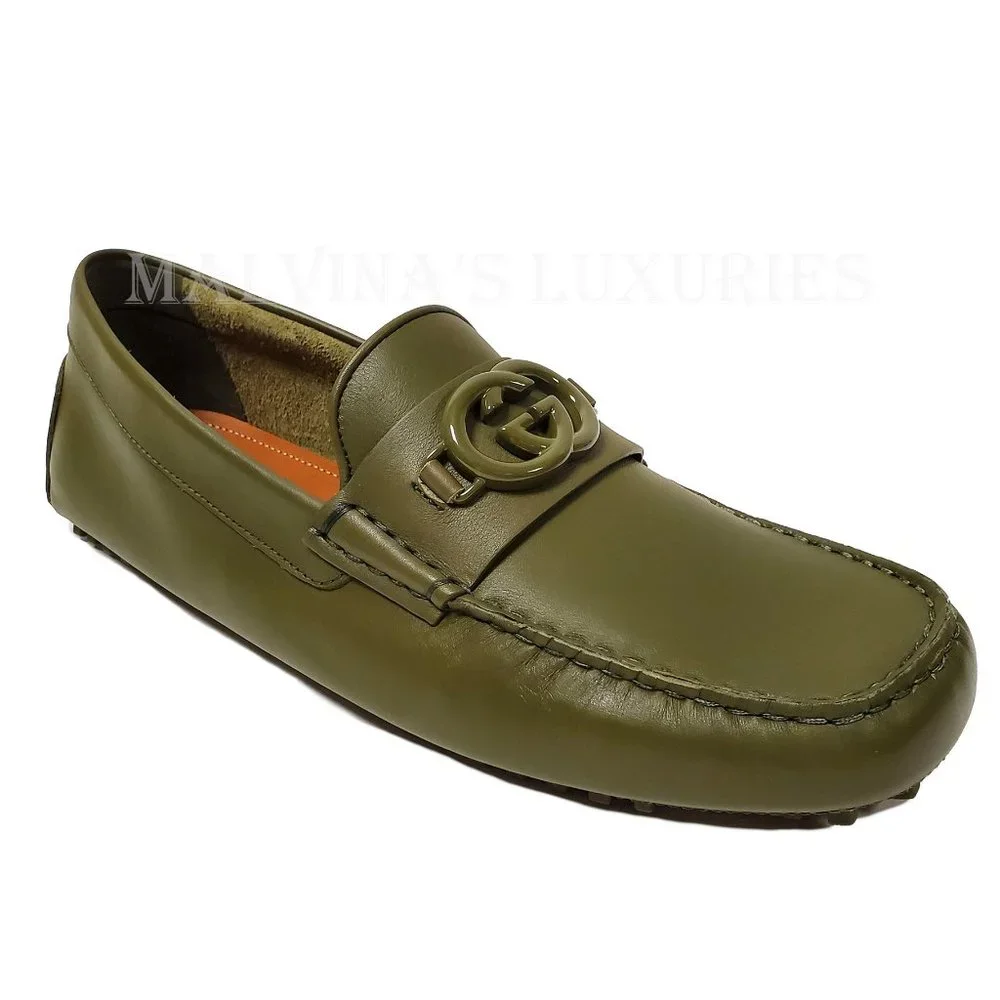 GUCCI SHOES MENS LOAFERS MOCCASINS G LOGO GREEN LEATHER sz 9G 9.5